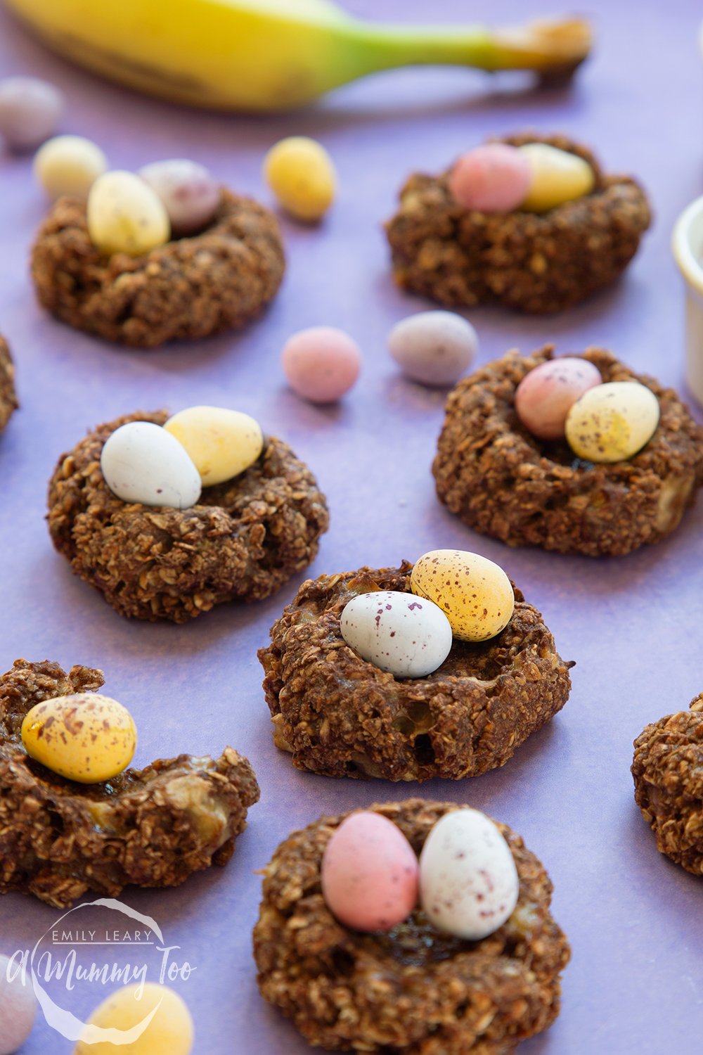 Healthier Easter chocolate nest cookies topped with mini chocolate eggs