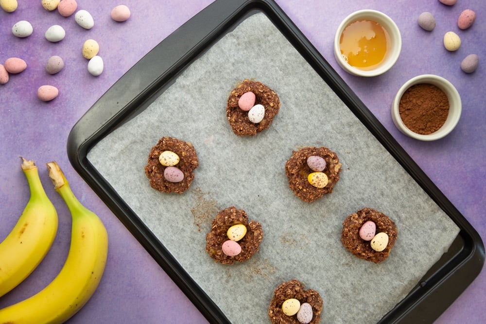 Top the Easter chocolate nest cookies with mini chocolate eggs