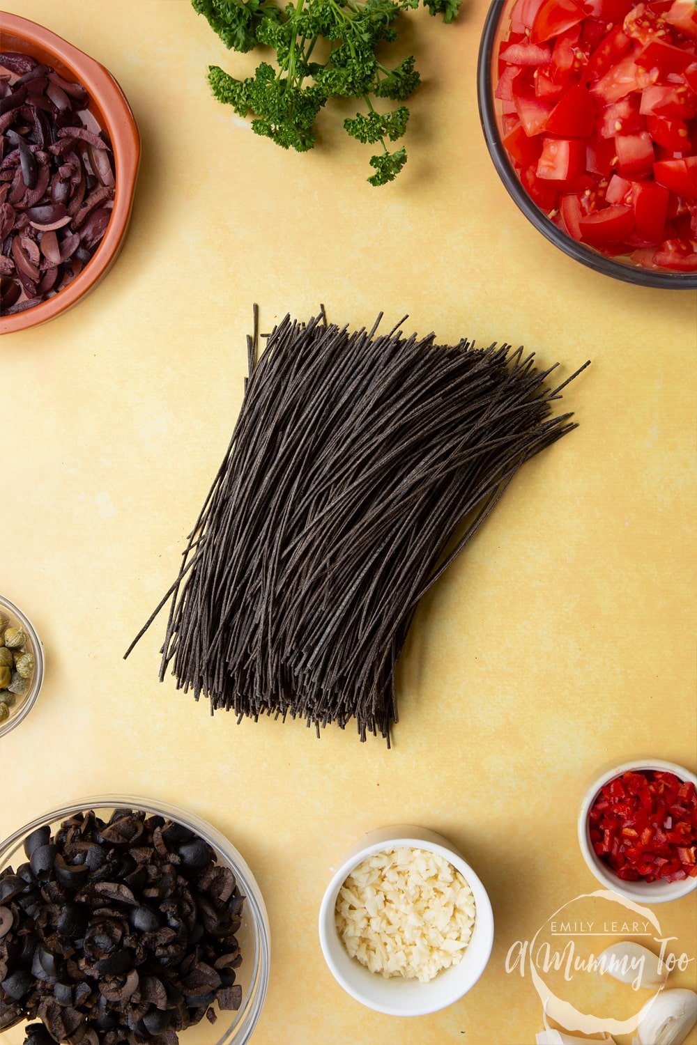 The Explore Cuisine box contents showing the spaghetti for the spaghetti alla puttanesca