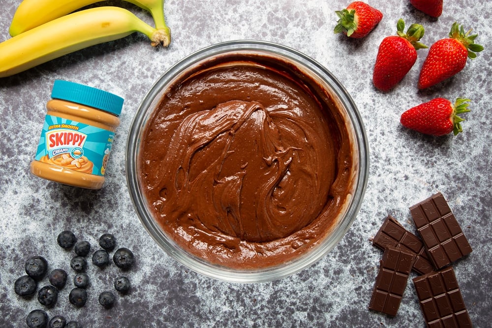 The peanut butter brownies in a bowl once folded through.