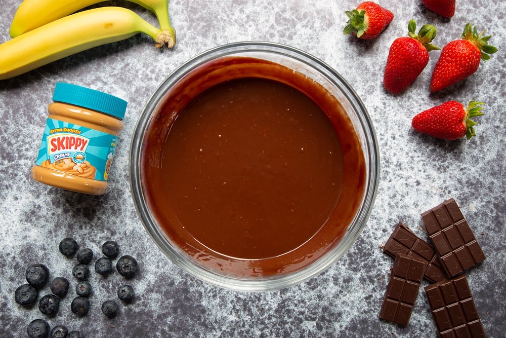 The smooth mixture in the bowl ready to create the peanut butter brownies