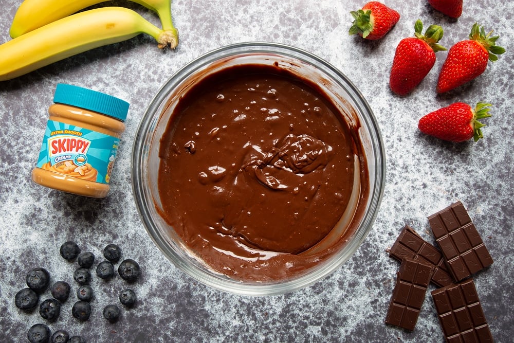 The bowl has the ingredients folded through ready for the peanut butter brownies.