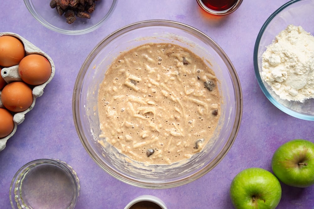 No junk apple and strawberry muffins - batter in a bowl ready.