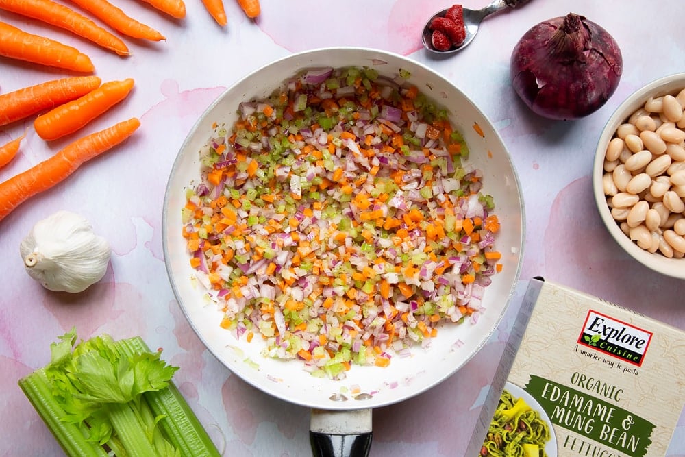 Carrots, celery, onion, garlic, oregano, salt and pepper in a frying pan.