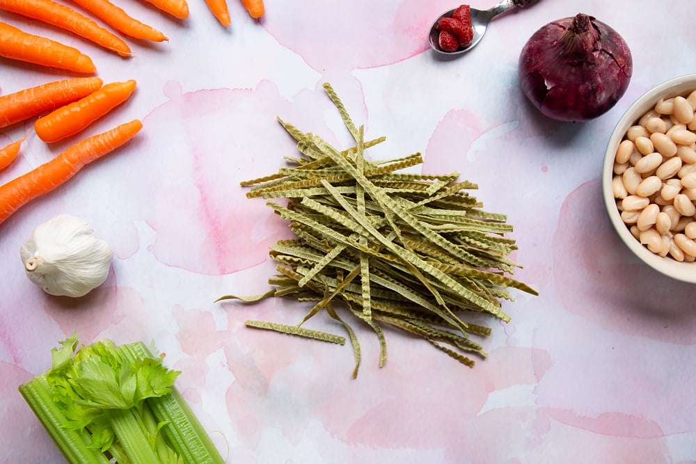 Explore Cuisine Organic Edamame & Mung Bean Fettuccine laid out on a table still dry.