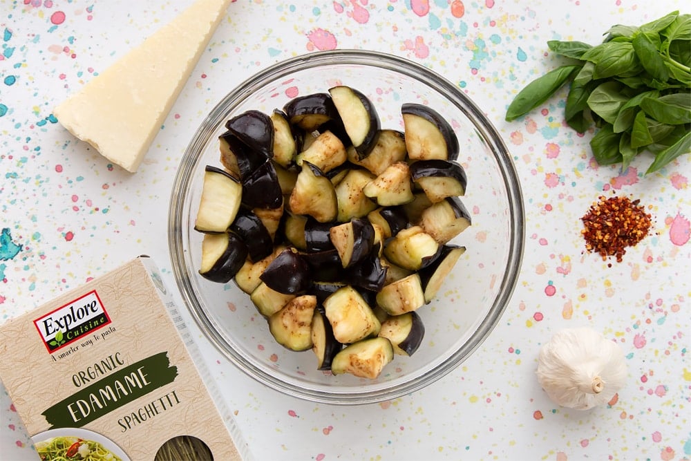 Chopped aubergine chunks ready for our spaghetti alla norma