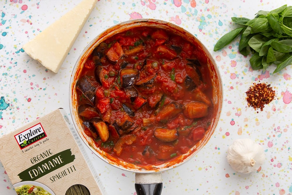 spaghetti alla norma ingredients after being simmered 