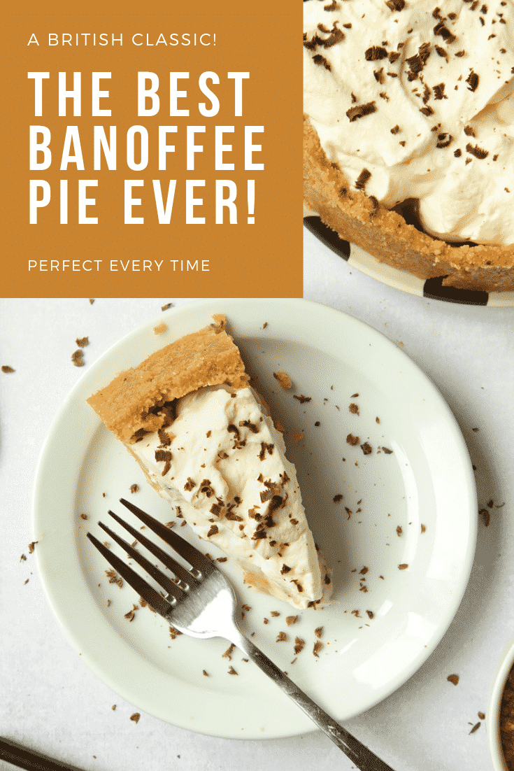 A slice of banoffee pie on a plate with a fork. The rest of the pie is shown in the corner