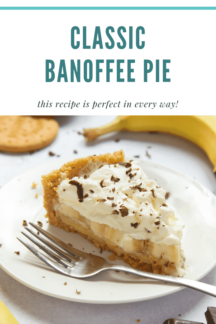 Close up image of a slice of banoffee pie on a plate with a fork. Bananas and biscuits in the background