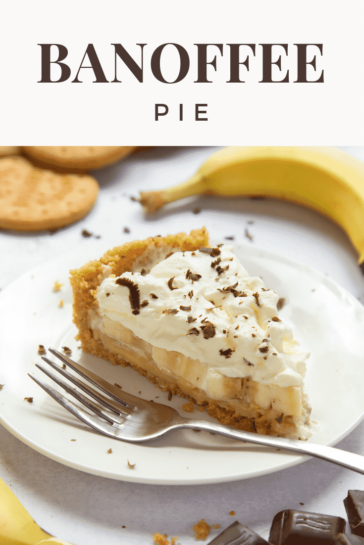 Close up image of a slice of banoffee pie on a plate with a fork