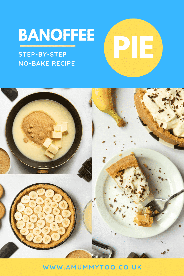 A collage of images showing how this banoffee pie is made