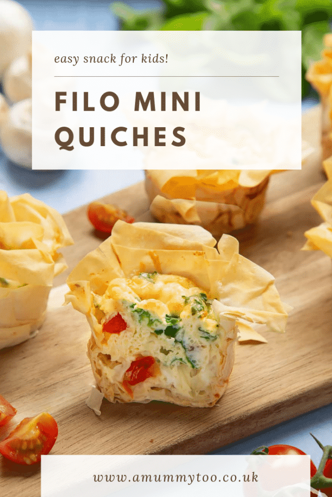 Filo Pastry Mini Quiches on a wooden board. At the top of the image there's a white box with some brown text describing the image for Pinterest. 