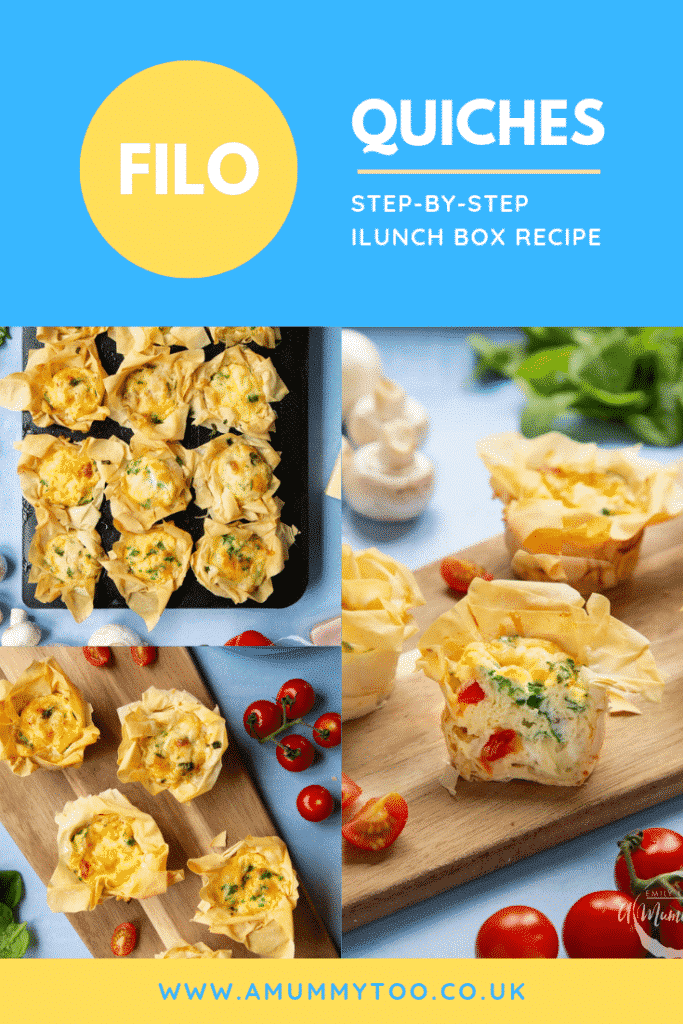 Three process images of the Filo Pastry Mini Quiches. At the top there's a blue background with some white and yellow text describing the image for Pinterest.