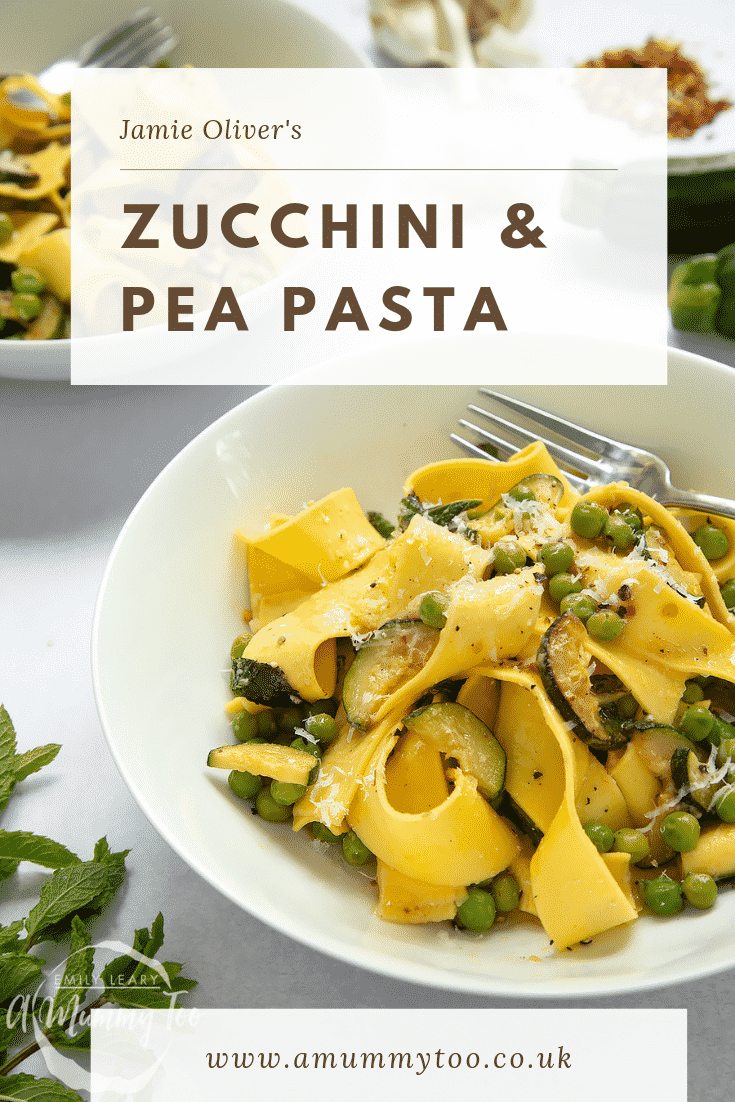 Close up image of the courgette and pea pasta. At the top of the image there's some brown text describing the image for Pinterest.