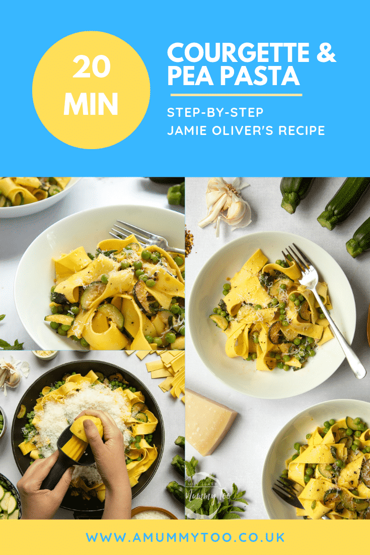 Process images of the Courgette and Pea Pasta by Jamie Oliver with white text on a blue background at the top describing the image for Pinterest.