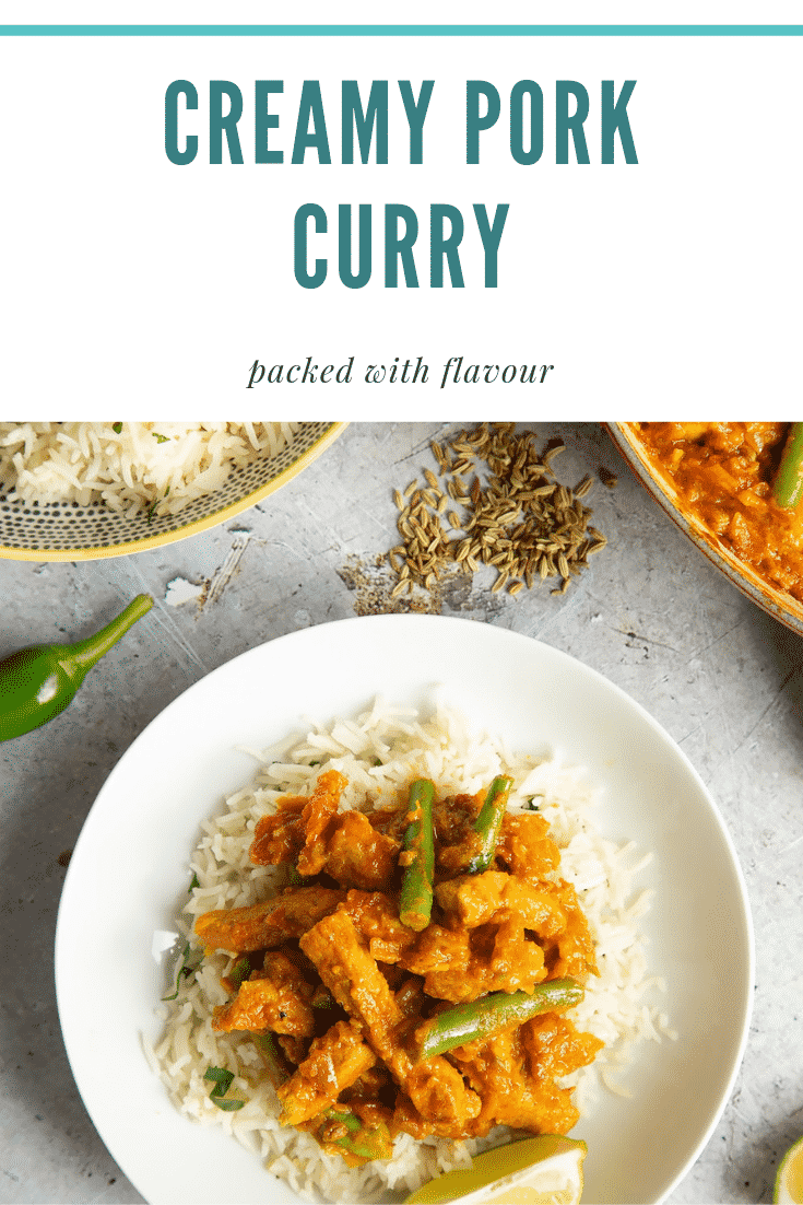 An overhead shot of the creamy pork curry resting on top of a bed of fluffy white rice some raw ingredients are scattered over the tabletop - a green chilli and cumin seeds.