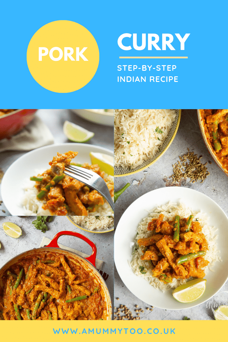 A collage showing some of the steps to make the pork curry along with an overhead image showing the finished curry on a bed of white rice .