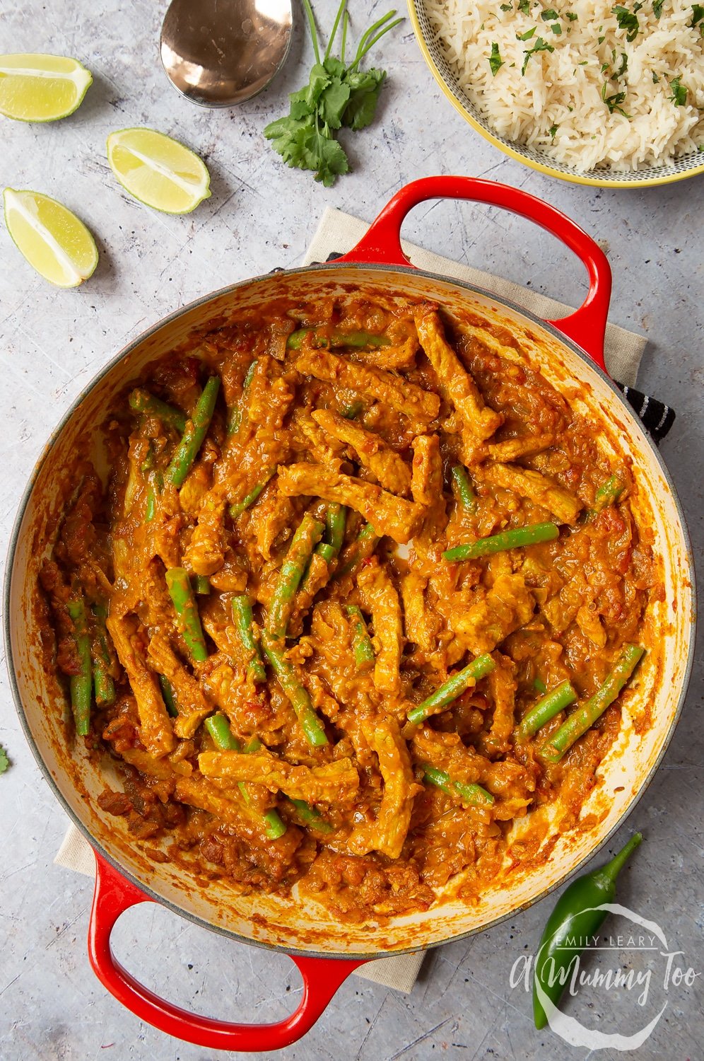 Overhead shot of a pan filled with Keralan Pandi - South Indian Coconut-Pork Curry