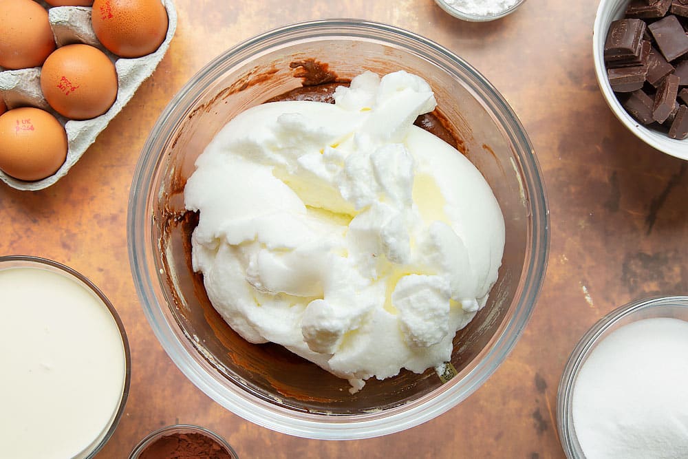 Flourless chocolate sponge batter with remaining beaten egg white added.