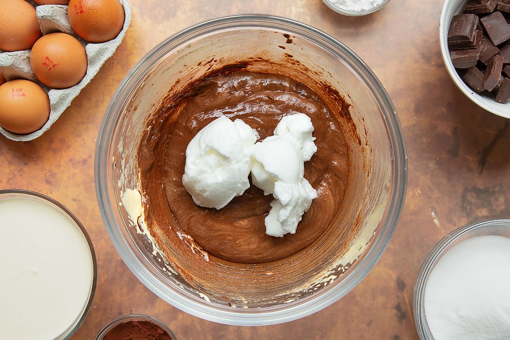 Egg yolks and sugar folded together with melted dark chocolate, and a little beaten egg white added.