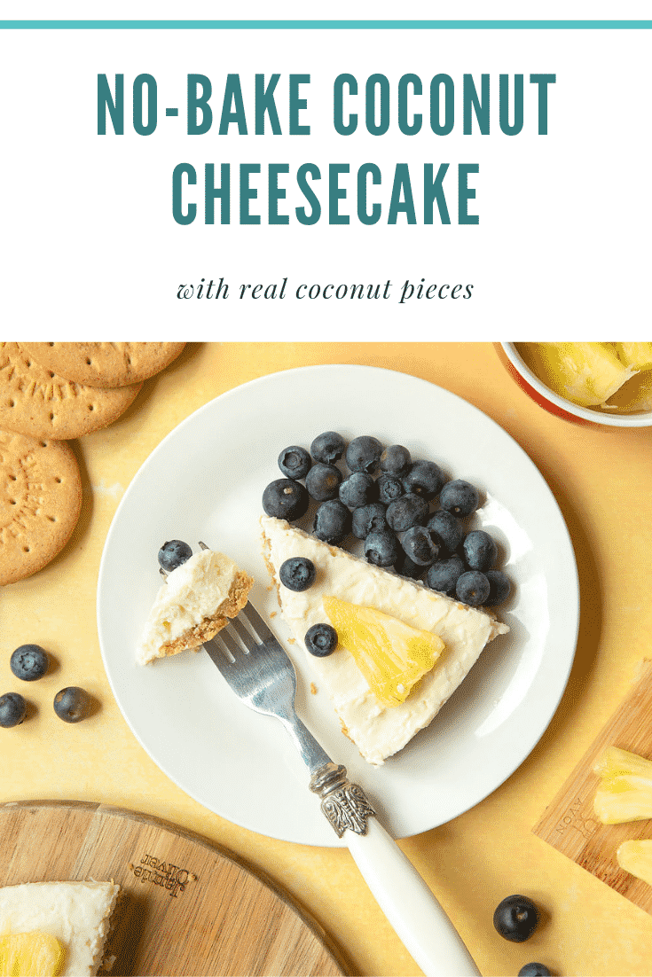 Coconut cheesecake decorated with fruit and served as a slice on a plate