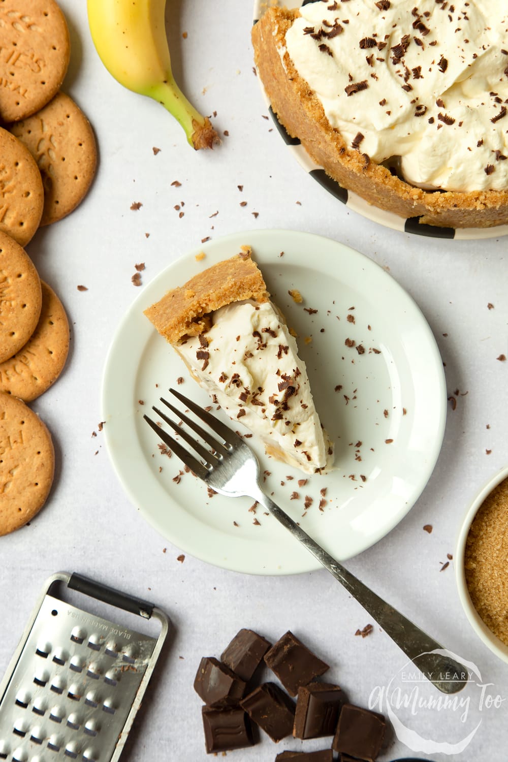 The perfect classic banoffee pie recipe. Slice on plate with fork