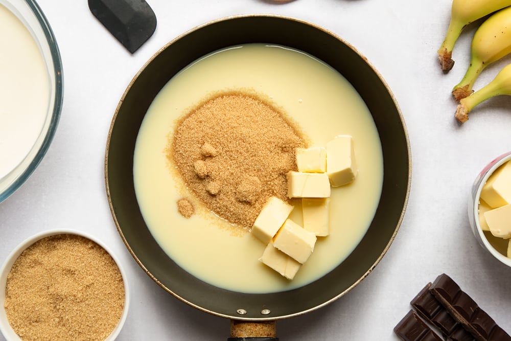 Condensed milk, sugar and butter in a pan