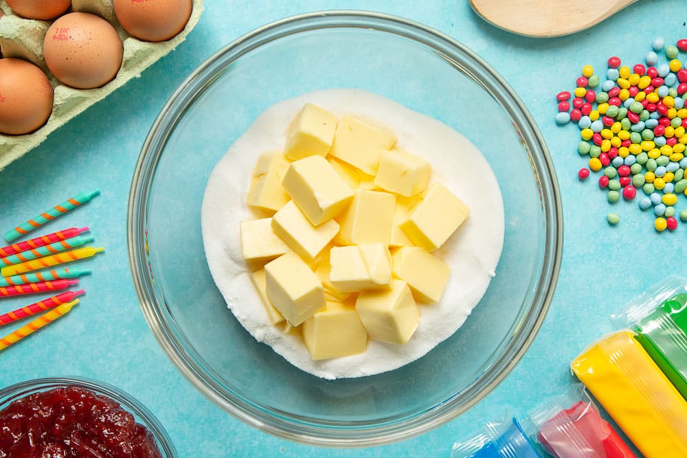 Butter and sugar in a mixing bowl