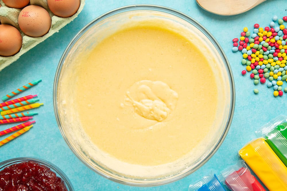 Eggs, vanilla, sugar and butter beaten together in a mixing bowl