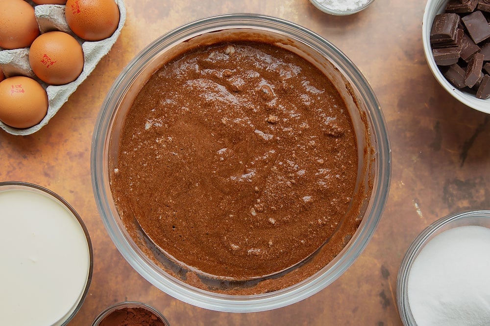 Flourless chocolate sponge batter with remaining beaten egg white folded through. 