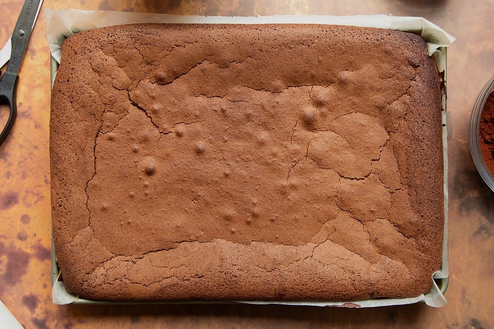 Chocolate roulade sponge cooked in a lined swiss roll tin.