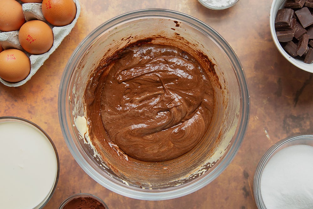 Egg yolks and sugar folded together with melted dark chocolate.