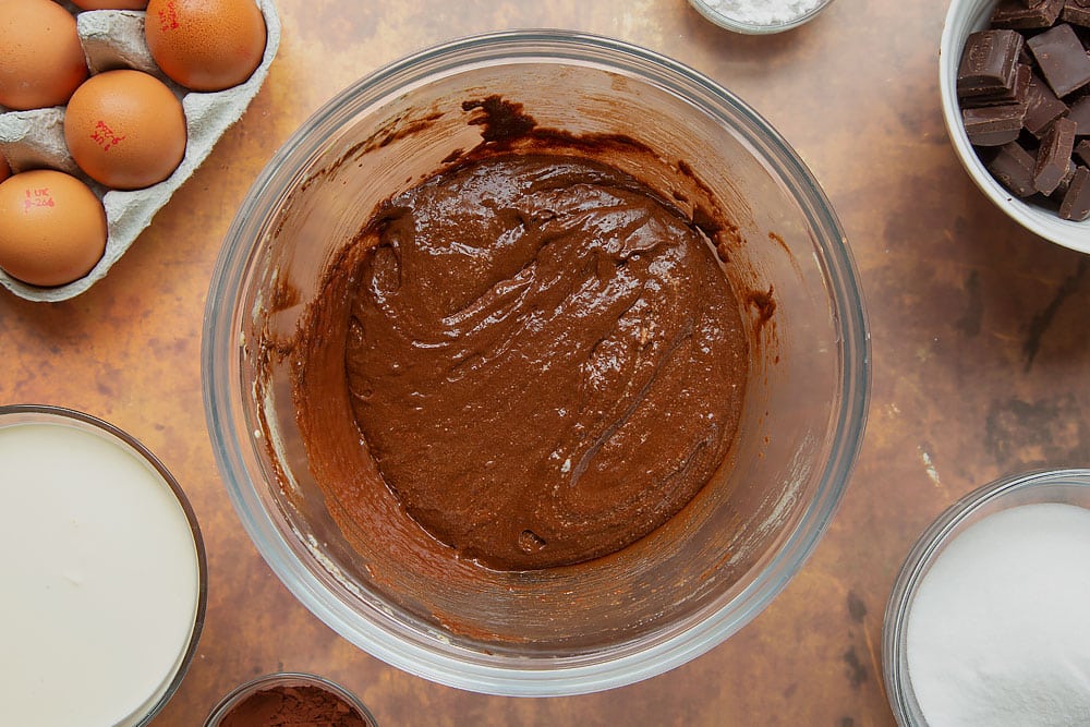 Flourless chocolate sponge batter with a little beaten egg white folded through.
