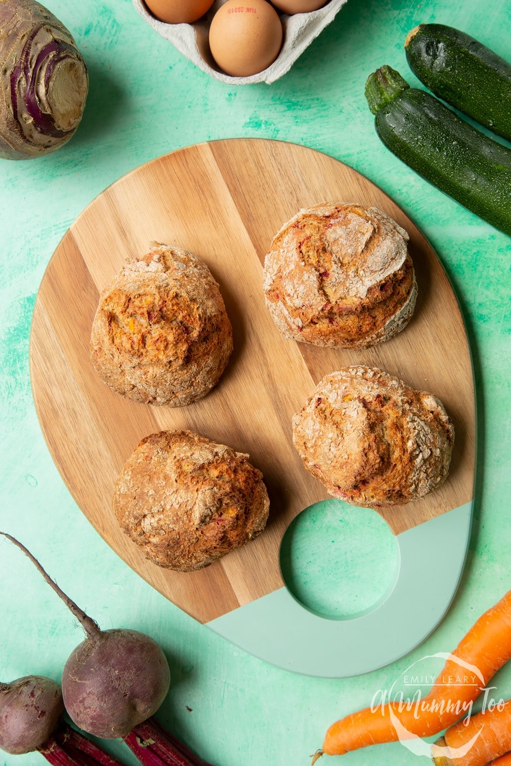 Vegetable soda bread rolls recipe - rolls arranged on a board