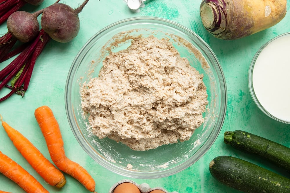 Vegetable soda bread rolls recipe - a bowl with the basic dough mixed.