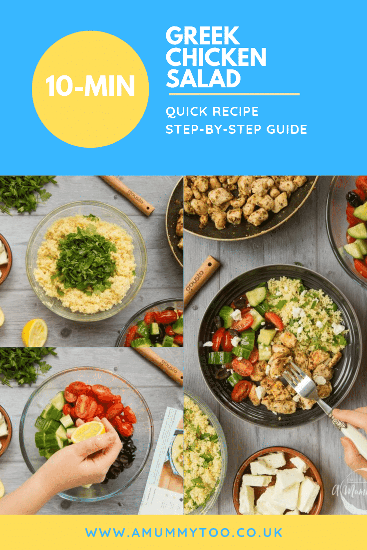 Three process images demonstating how to make the greek chicken salad. At the top of the image there is some text describing the image for Pinterest.