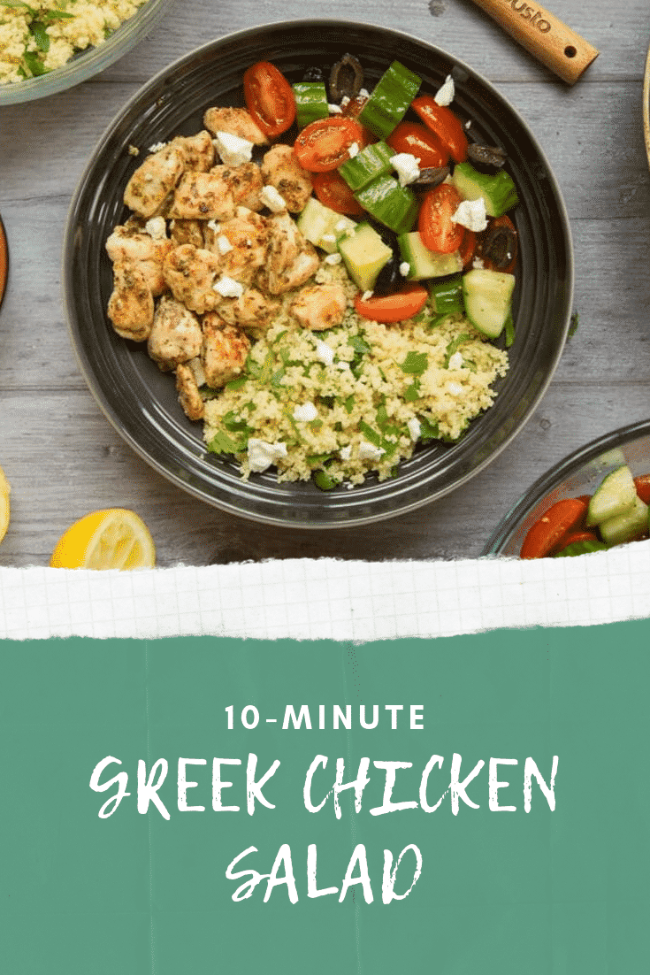 Overhead shot of the chicken salad on a wooden table. At the bottom of the image there is some white text on a green background that describes the image for Pinterest.