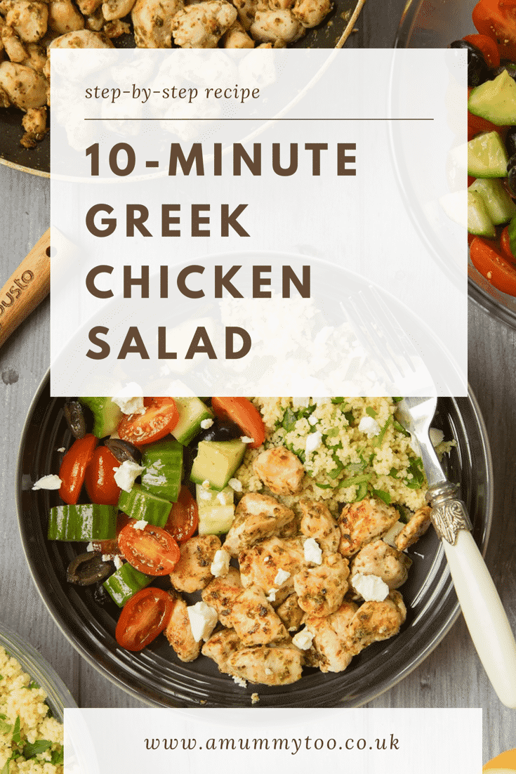 Overhead shot of the finished chicken salad recipe in a black bowl with a decoative fork on the side. The bowl sits on a dark grey wooden table. At the top of the image there is some text describing the image for Pinterest. 