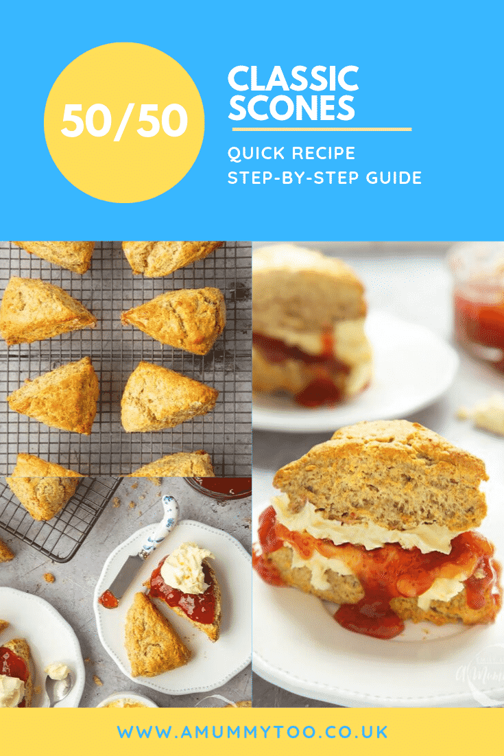 Three process images demonstrating how to make the classic scones. At the top of the image there's some text describing the image for Pinterest.