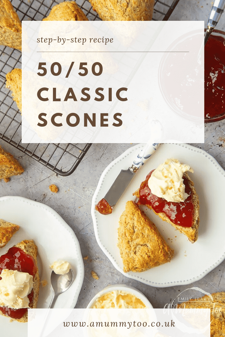 Overhead shot of two plates with 50/50 scones covered in cream and jam. At the top of the image there's some text describing the image for Pinterest. 