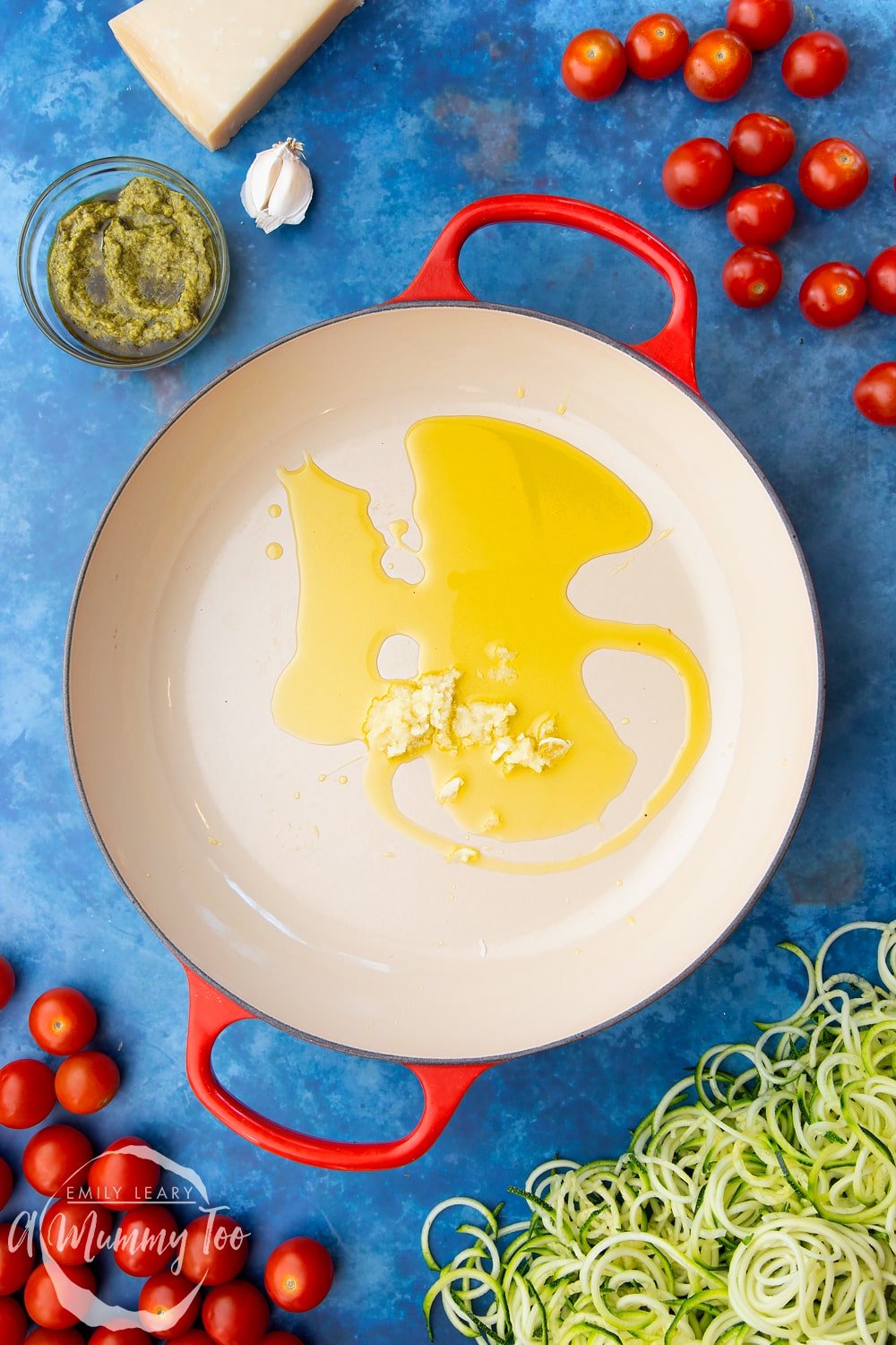 Olive oil warming in a frying pan