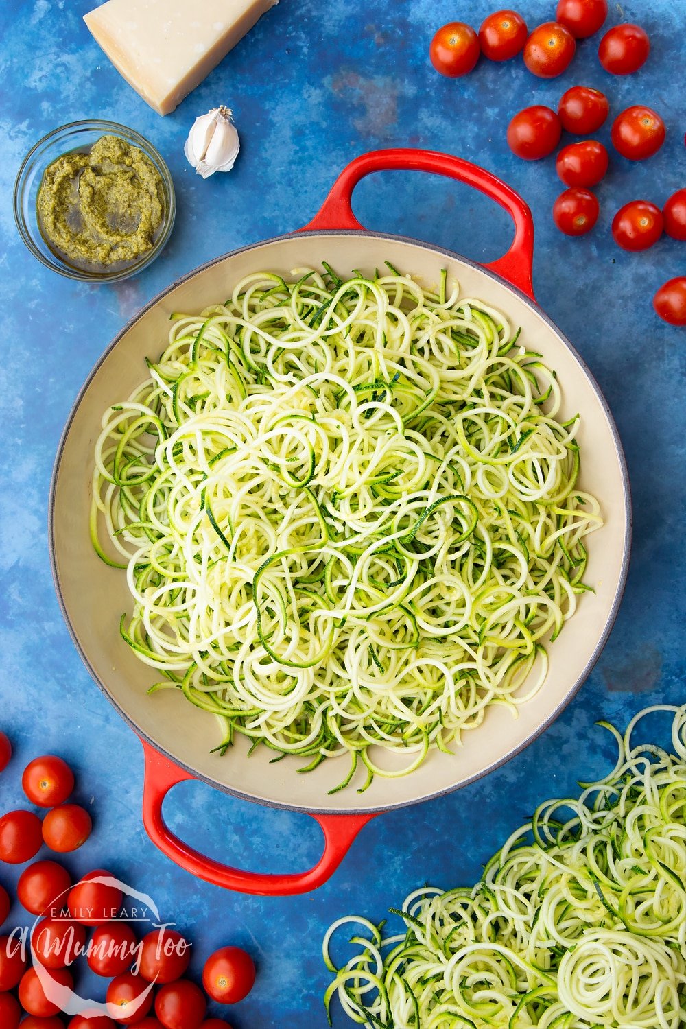 Cooked spiralised courgette in a frying pan