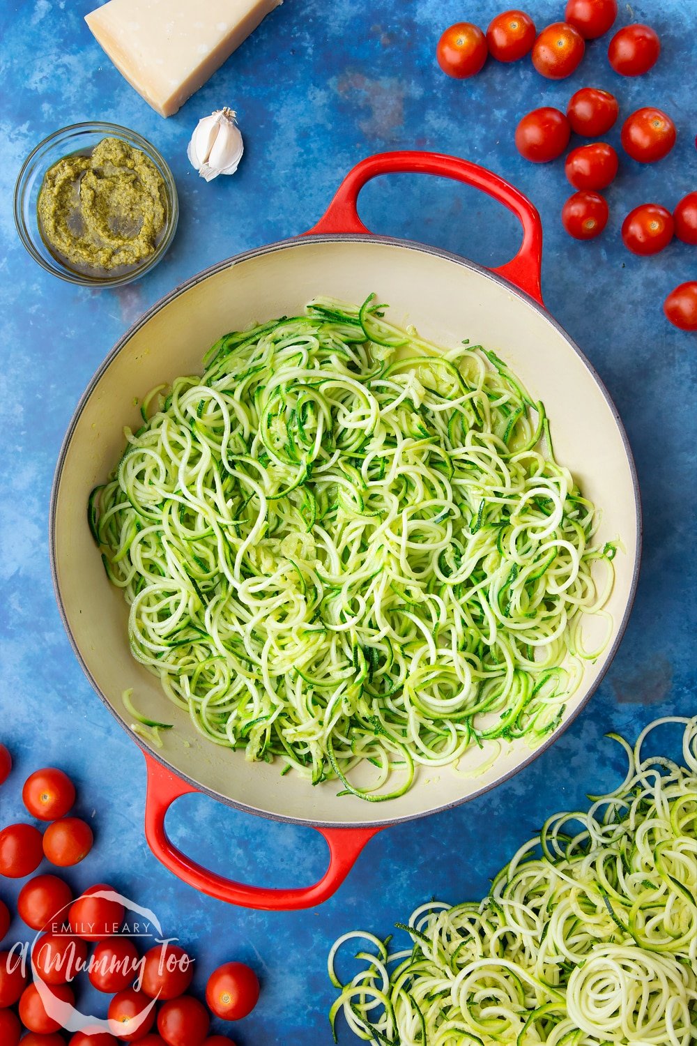 Cooked spiralised courgette in a frying pan, cooked