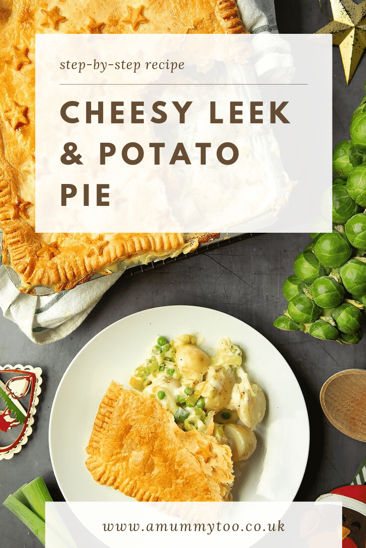 Overhead shot of the leek and potato pie served on a white plate next to some of the ingredients required for the recipe. At the top of the image there is some text describing the image for Pinterest. 