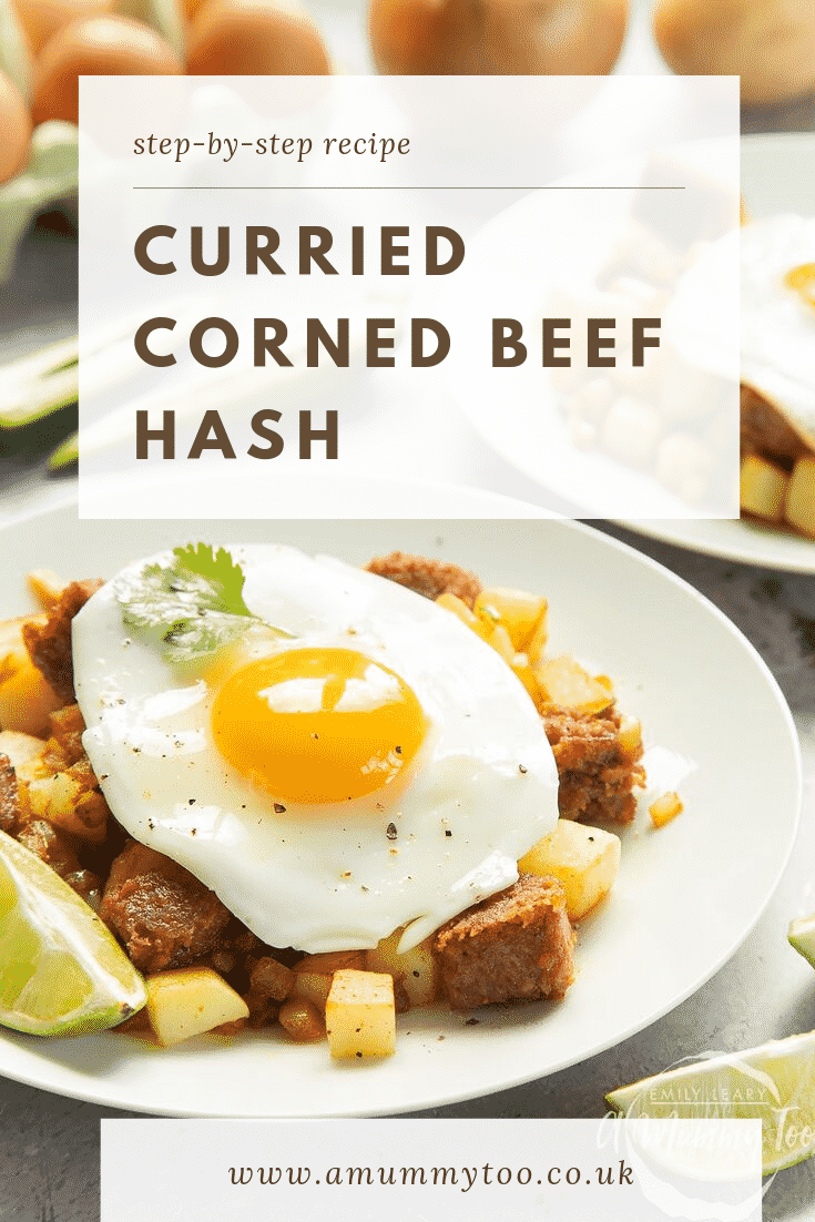 Curried corned beef hash on a white plate. At the top of the image there's some text describing the image for Pinterest.