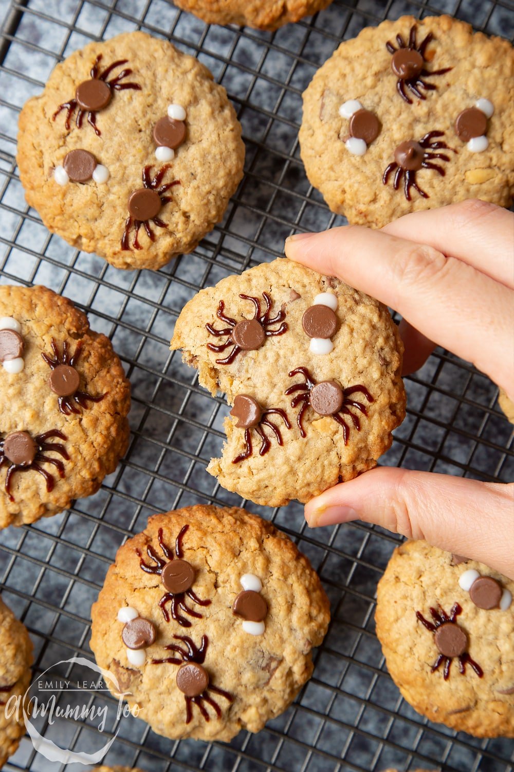 Full decorated Halloween peanut butter spider cookies on a wire rack. A hand is holding a cookie, which has a bite taken out of it.