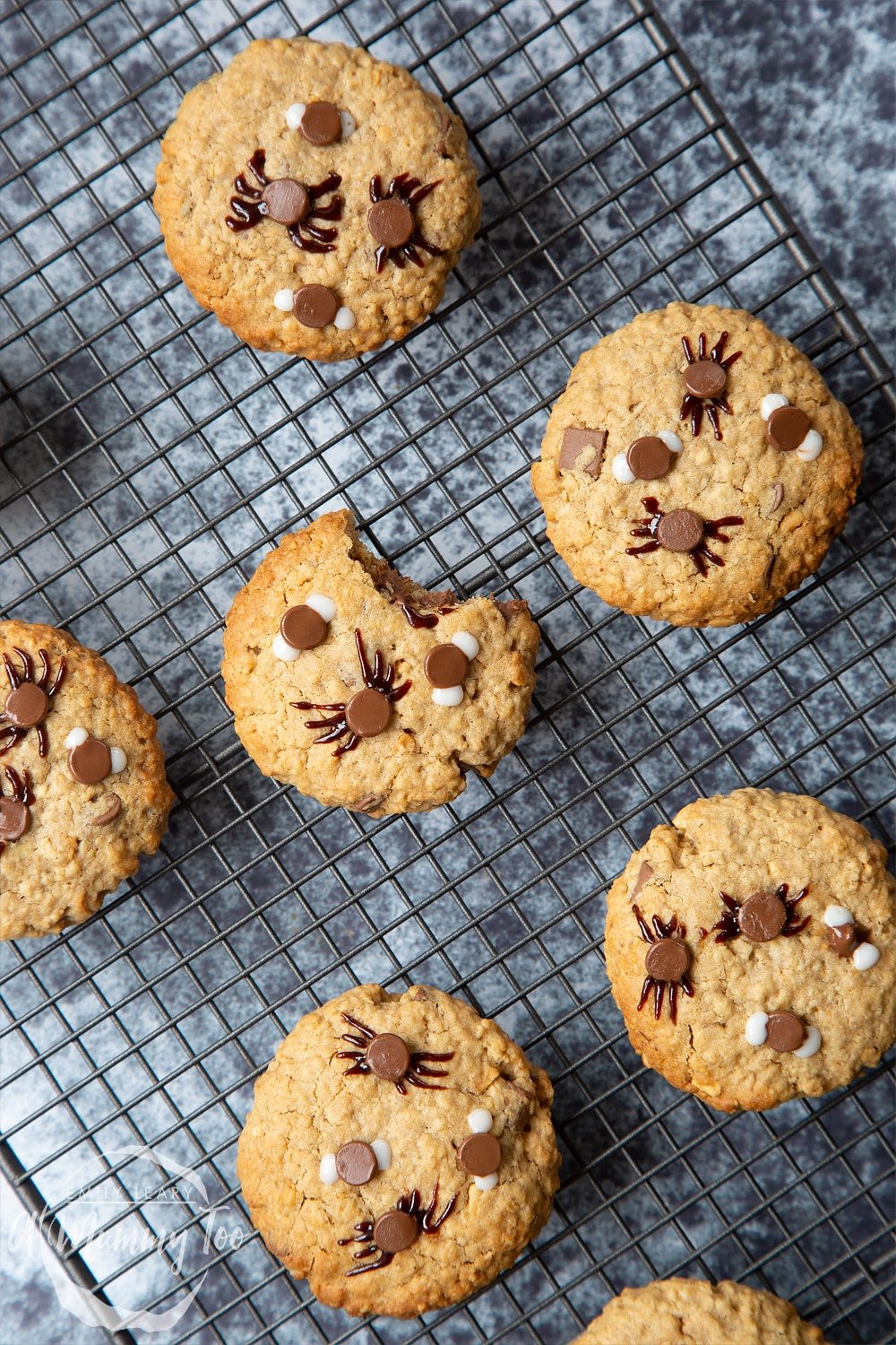 Halloween peanut butter spider cookies cooling on a wire rack. A bite is taken out of one cookie.