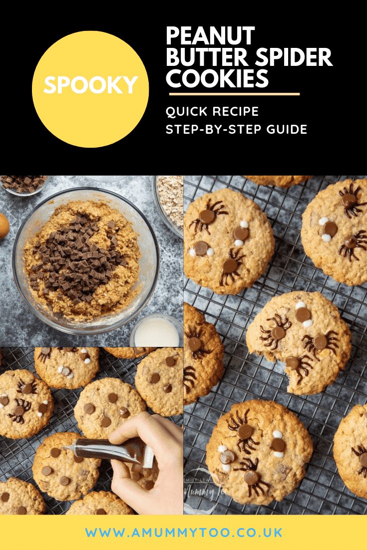 A collage of images showing some of the steps to make the Halloween peanut butter spider cookies as well as the finished cookies on a wire rack.