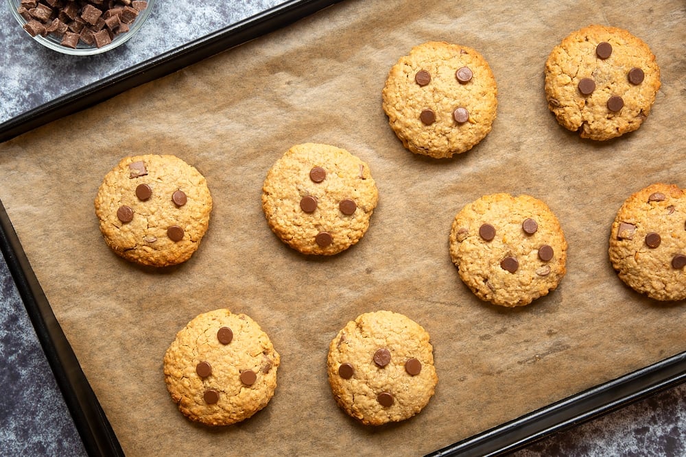 Eight baked and lightly golden brown Halloween peanut butter spider cookies on a baking sheet lined with baking paper. The cookies have been topped with extra chocolate chips