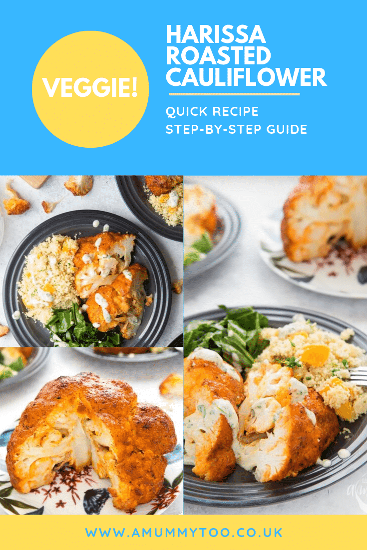 Three process images of the Harissa-Crusted cauliflower being made. At the top of the image there's some text describing the image for Pinterest. 